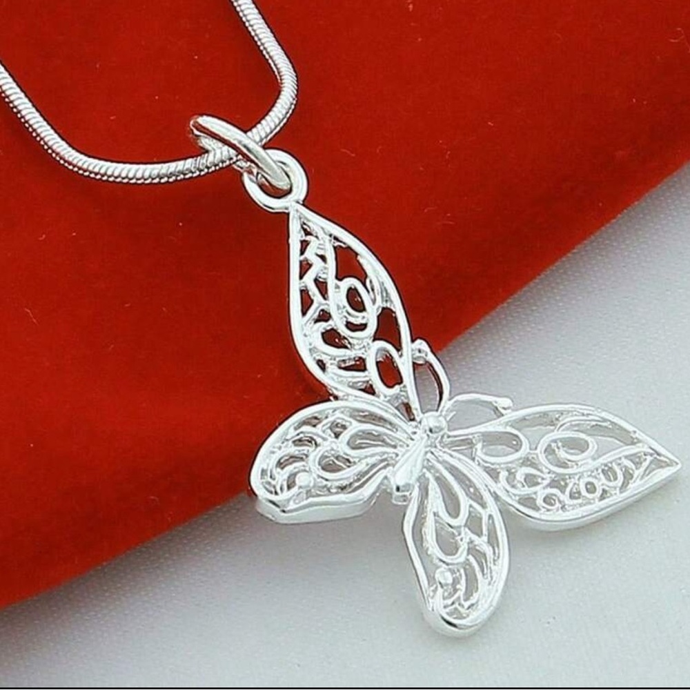 Silver Plated Butterfly Pendant Necklace - Picture 2 of 2